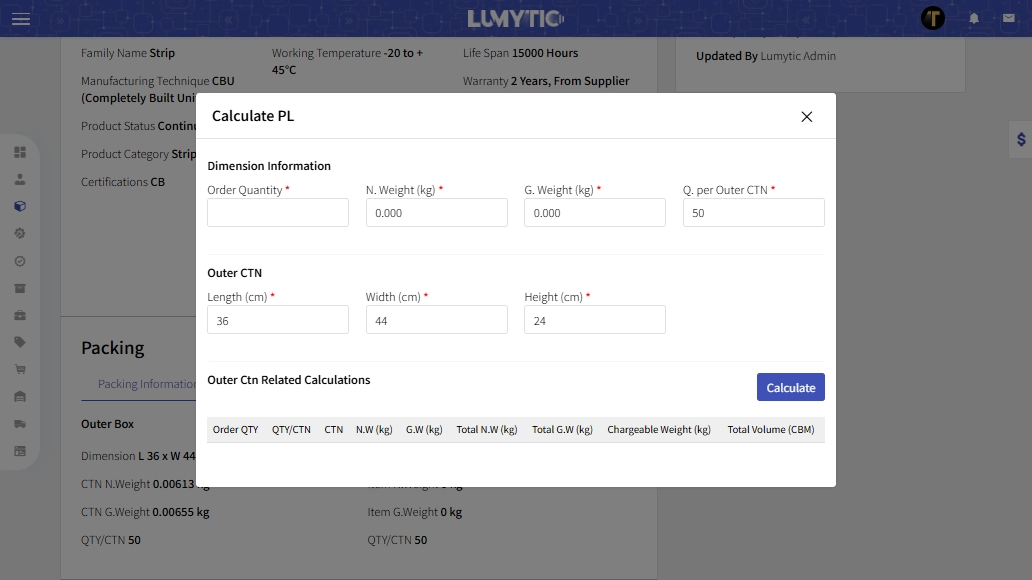 Calculate Packing Volume and Weight