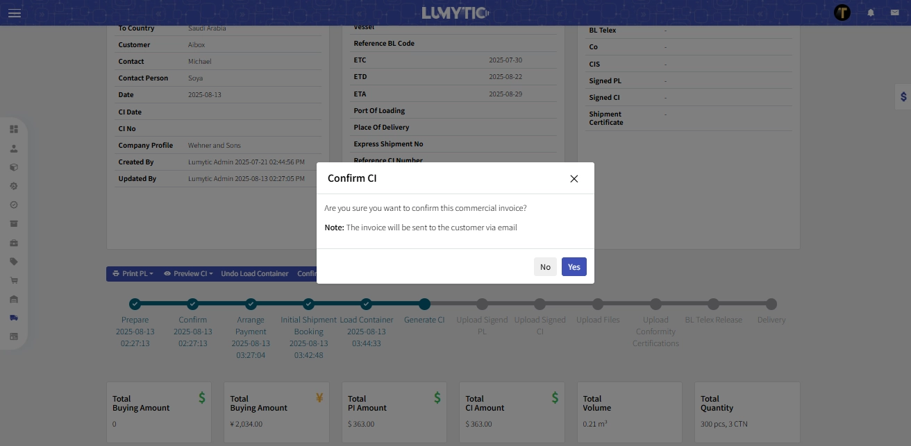Confirm Commercial Invoice