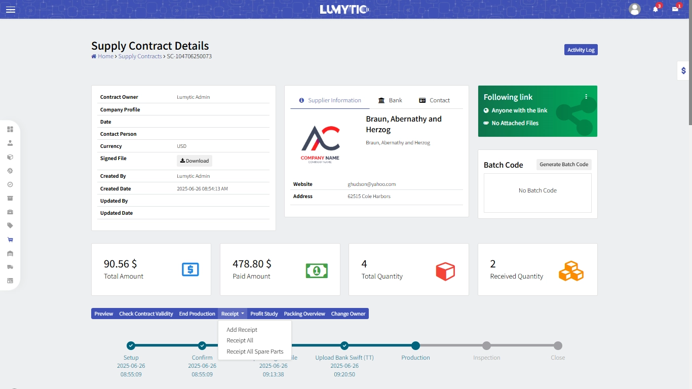 Create Supply Contract spare parts receipt