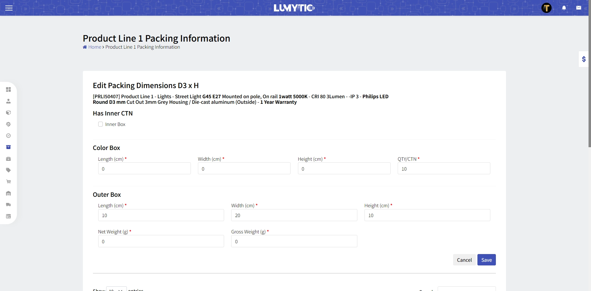 etup Packing Sizes for Products and Outer box Cartons